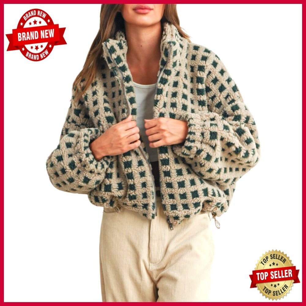 Long Sleeve Cropped Sherpa Fleece Jacket Plaid Loose Fit Zip Front